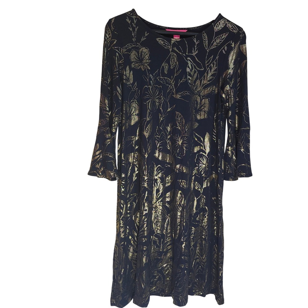 Lilly‎ Pulitzer S Ophelia Swing Dress Black Gold Metallic Bell Sleeves Holiday